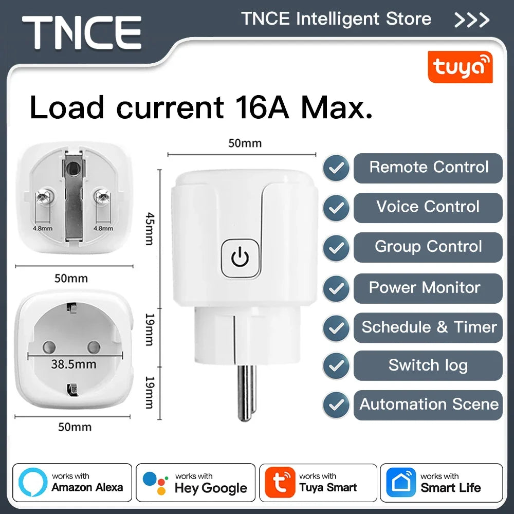TNCE Tuya EU Plug WiFi or Zigbee3.0 Smart Socket 16/20A, Power Monitor Timer Function Voice Control With Alexa Google Home