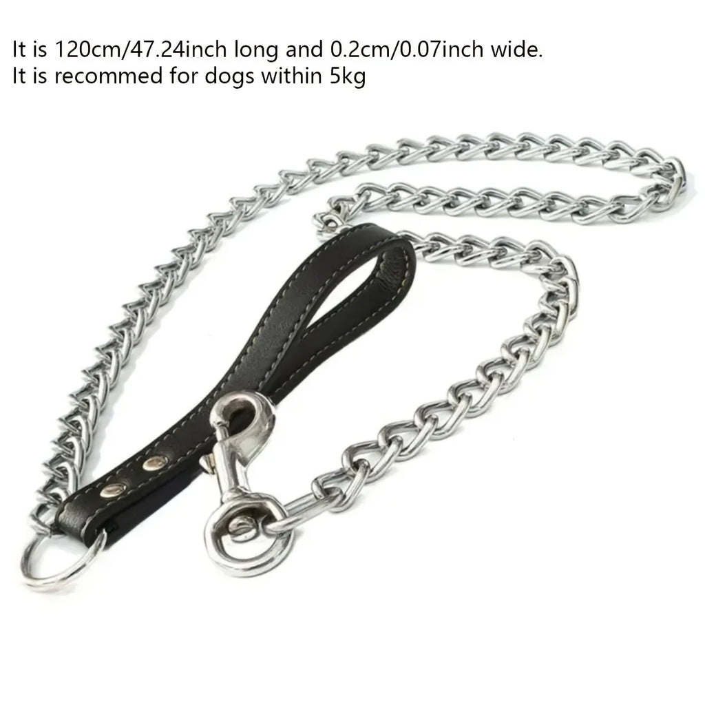 1pc-120cm Anti Bite Dog Chain Leather Handle Chain Durable Metal Anti Chewing Training Dog Leather