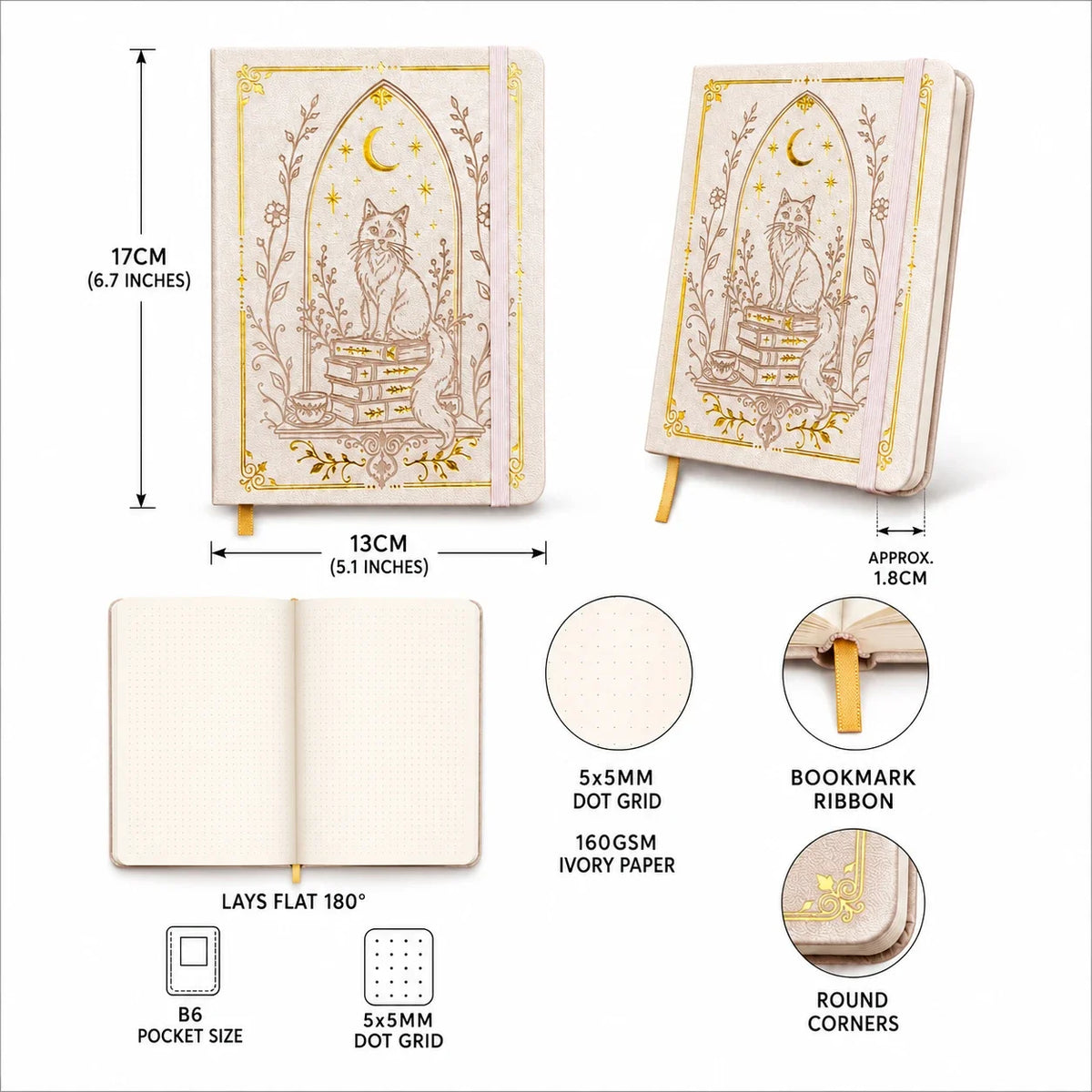 B6 Dot Grid Notebook, 160gsm Ivory Paper, 5mm Dotted Pages, Lay-Flat Hardcover with Gold Foil Cat Moon Design, Elastic Closure