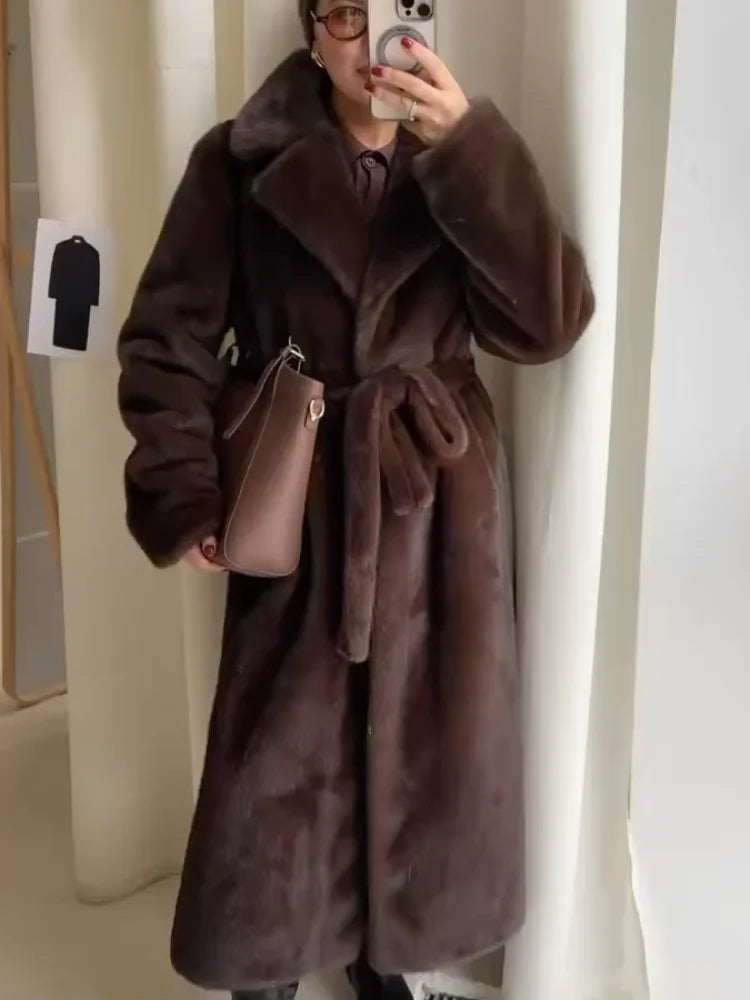 Women Elegant Solid Color Faux Fur Long Coat Notched Collar Belted Waist Loose Oversized Warm Winter Street Thick Outerwears New