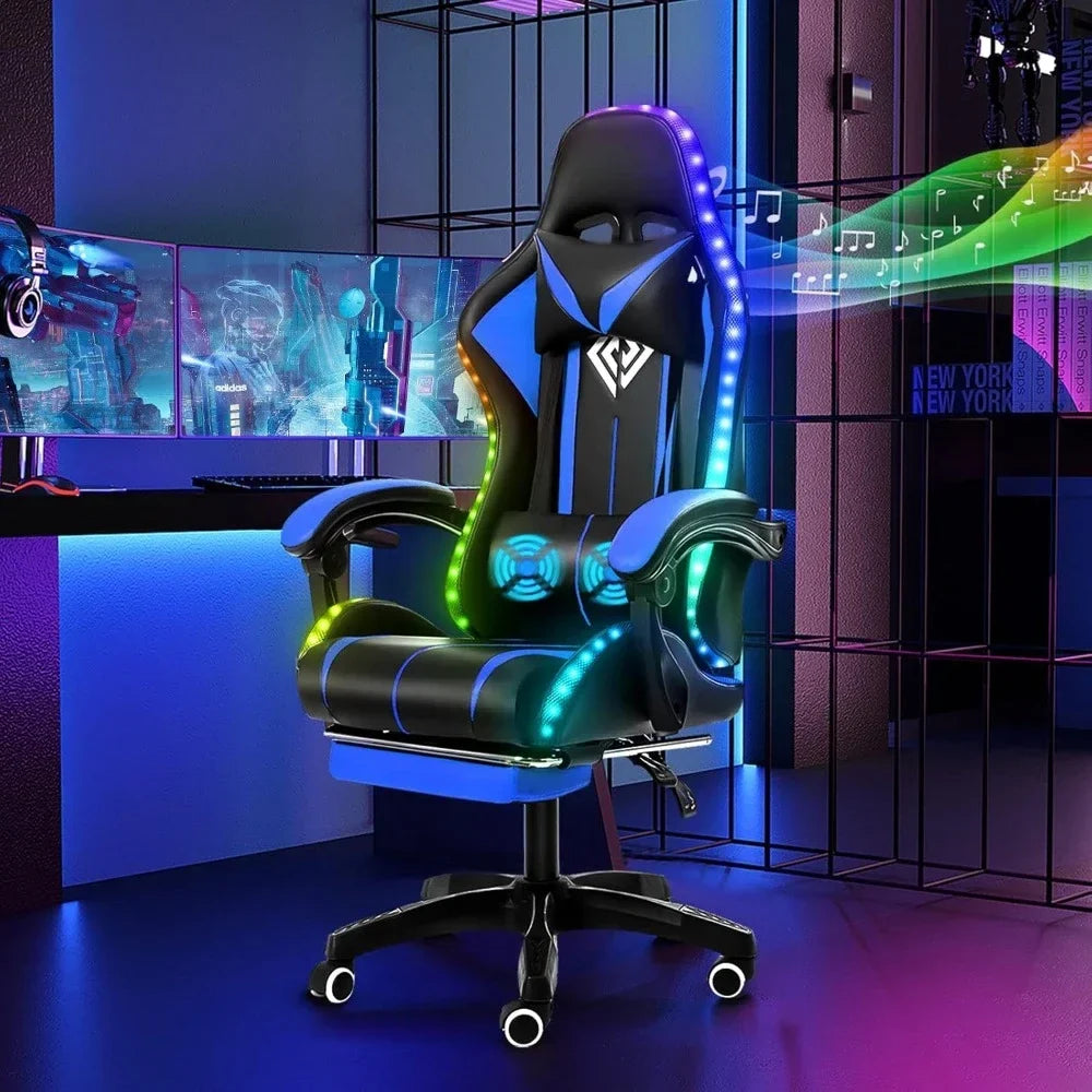 Fashion High Back Video Game Chair with Speakers Massage Computer Gaming Chair with LED Lights and Footrest