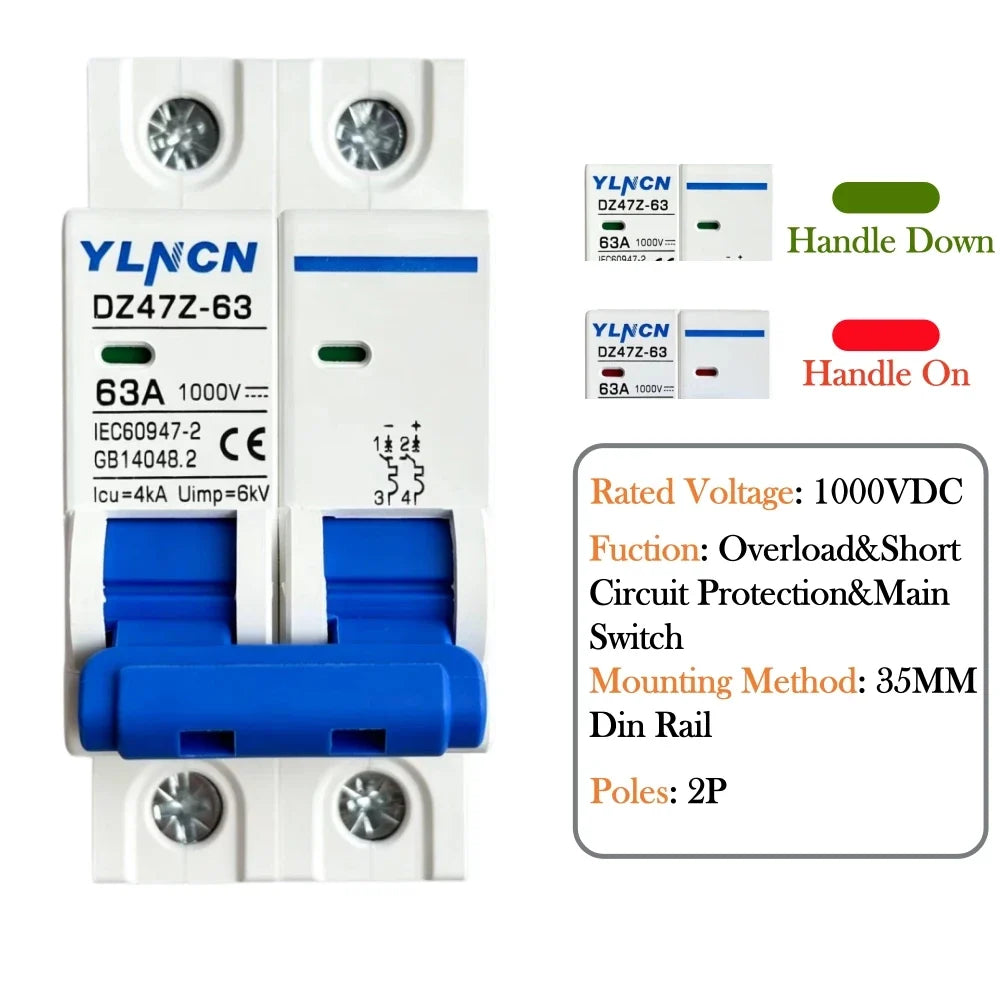 Solar DC MINI Circuit Breaker 20/25/32/40/50/63A 2P 1000VDC DC MCB Overload Short Circuit Protection For Panel Inverter Home
