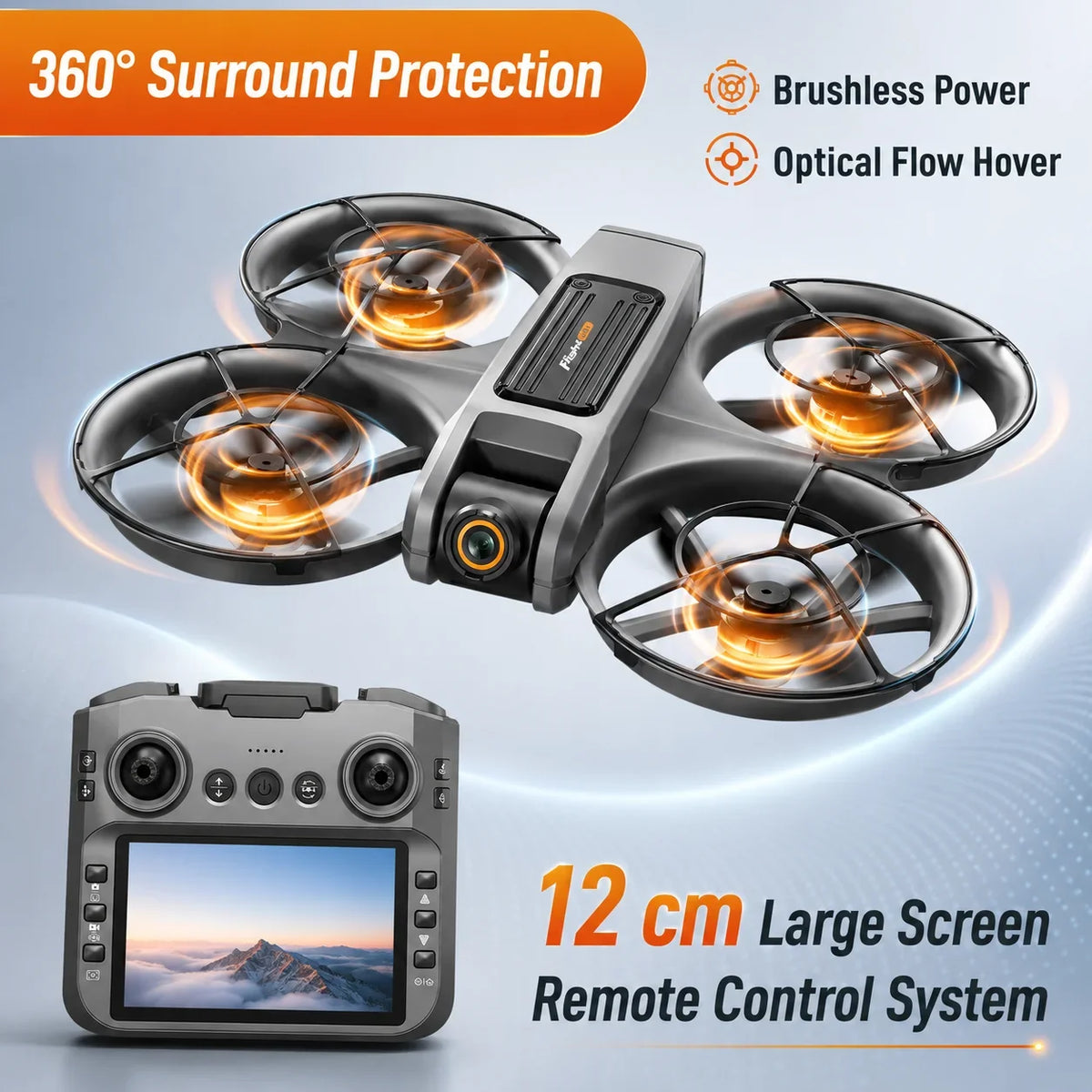RC Drone 12.5cm Large Screen Remote Control Optical Flow Positioning Stable Hover Wind Resistant 360° Surround Protection Brushless Power Drone