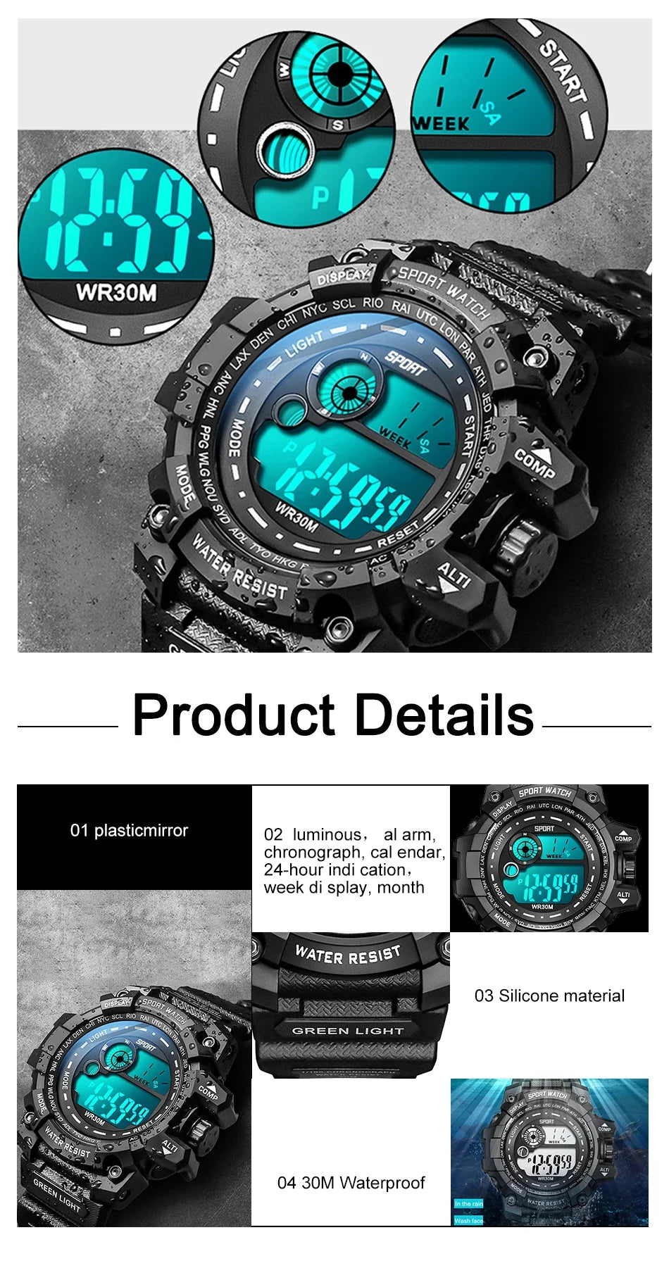 Men's LED Digital Watch, Luminous Waterproof Sport Military Watch