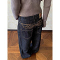 ZHIZOU Women Chic Baggy Embroidery Jeans Grunge Japanese Low Rise Y2K Denim Pants 2000s Aesthetic Harajuku Abi Grunge Cyber Punk