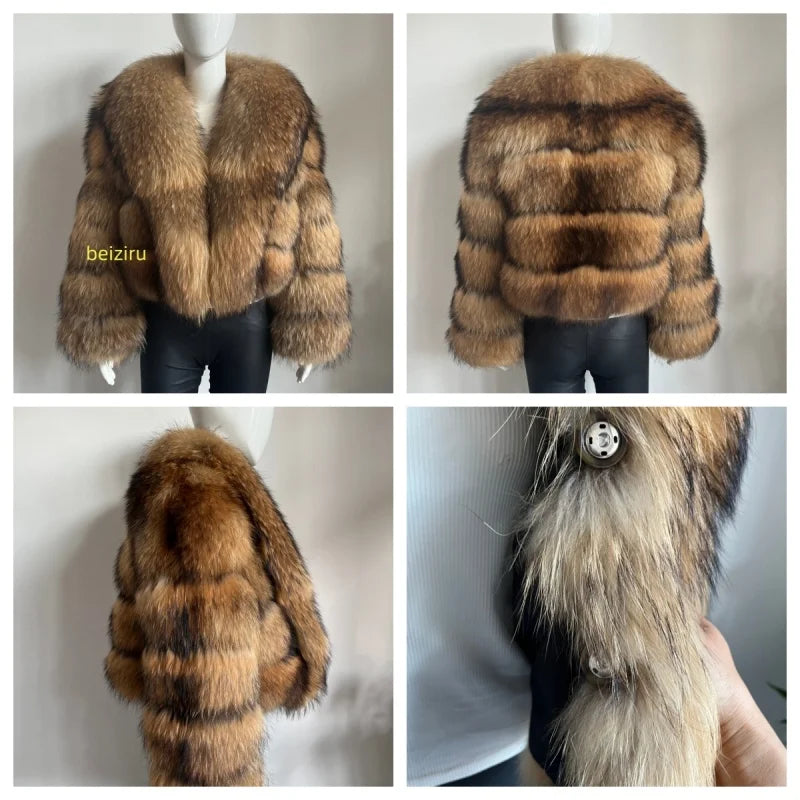 BEIZIRU Women's Real Raccoon Fur Coat with Big Turn-down Collar Winter Long Sleeve Natural Luxury Fashion Outerwear
