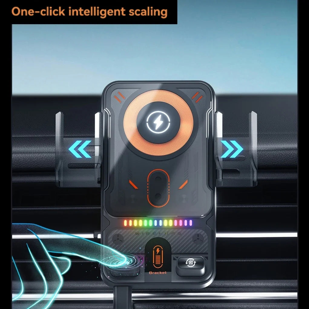 696 Car Holder With Dual Motor Electric Rotating Opening Closing Mobile Phone Holder Wireless Fast Charging Car Phone Bracket