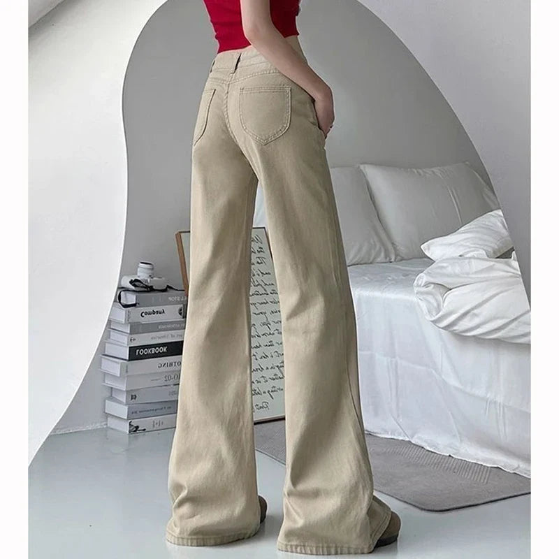 Female Classic Khaki Low Waist Flared Jeans Women Slim Fit Denim Trousers Girls Casual Fashion Thin Straight Leg Pants