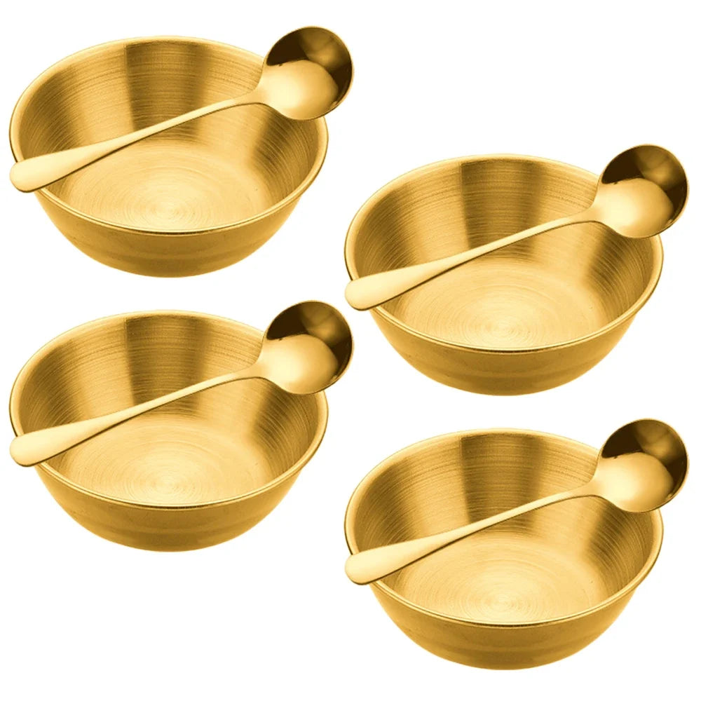 4Pcs Stainless Steel Sauce Dishes and 4Pcs Spoon for Appetizer Seasoning Serving Dishes Sets Tray Spice Plates Kitchen Tableware