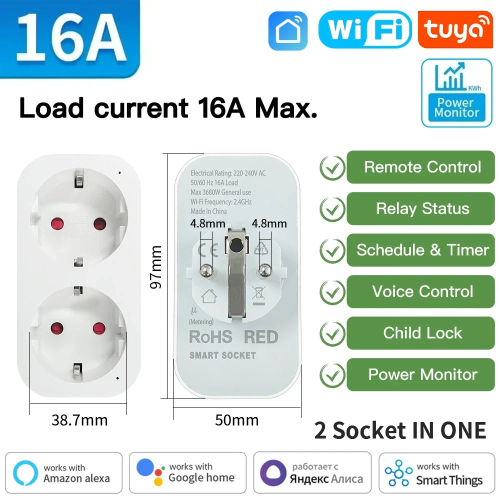 TNCE TUYA EU Plug wifi or zigbee3.0 Smart Socket 16/20A Power Monitor Timing Function Voice Control Works With Alexa Google Home