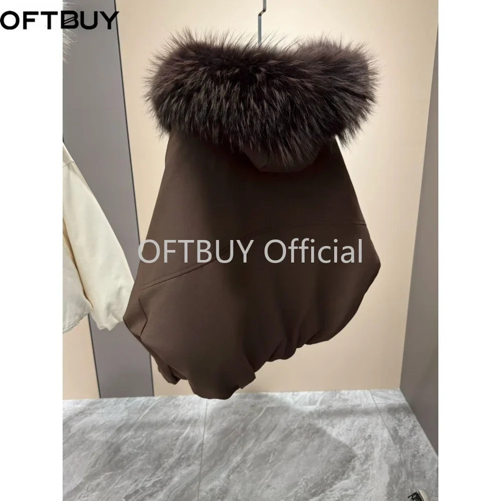 OFTBUY Natural Raccoon Fur Collar Goose Down Jacket Women Cropped Coat Winter Warm Hooded Zipper Windproof Fashion Outerwear