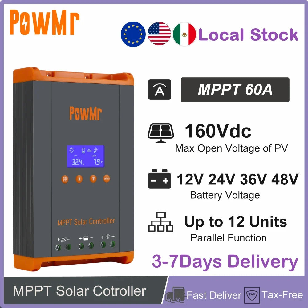 Local Stock MPPT 60A Solar Charge Controller 12V/24V/36V/48V Max Solar Panel PV 160V Parallel Max 12 Units Fit LifePO4 RV Home