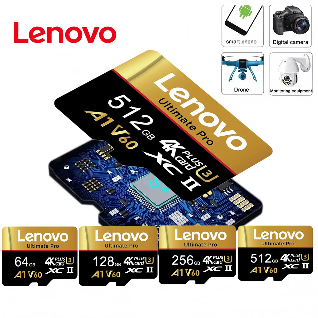 Lenovo Reliable 512GB Micro TF SD SD Cards Memory Card TF Cards 128GB U1 64GB A1 Broad Compatibility for Dash Cam/PC/Mac