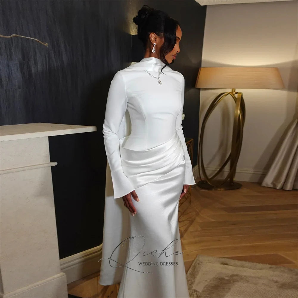 QICHE Modest Pleat Muslim Mermaid Wedding Dresses Women Long Sleeves With Cape High Collar Bridal Gown Robe De Mariée Customized
