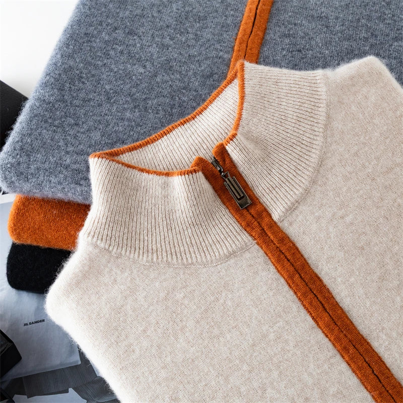 Men's 100% cashmere sweater casual knit pullover shirt loose Mock collar Tops zipper Blouse autumn/winter color blocked Jumper