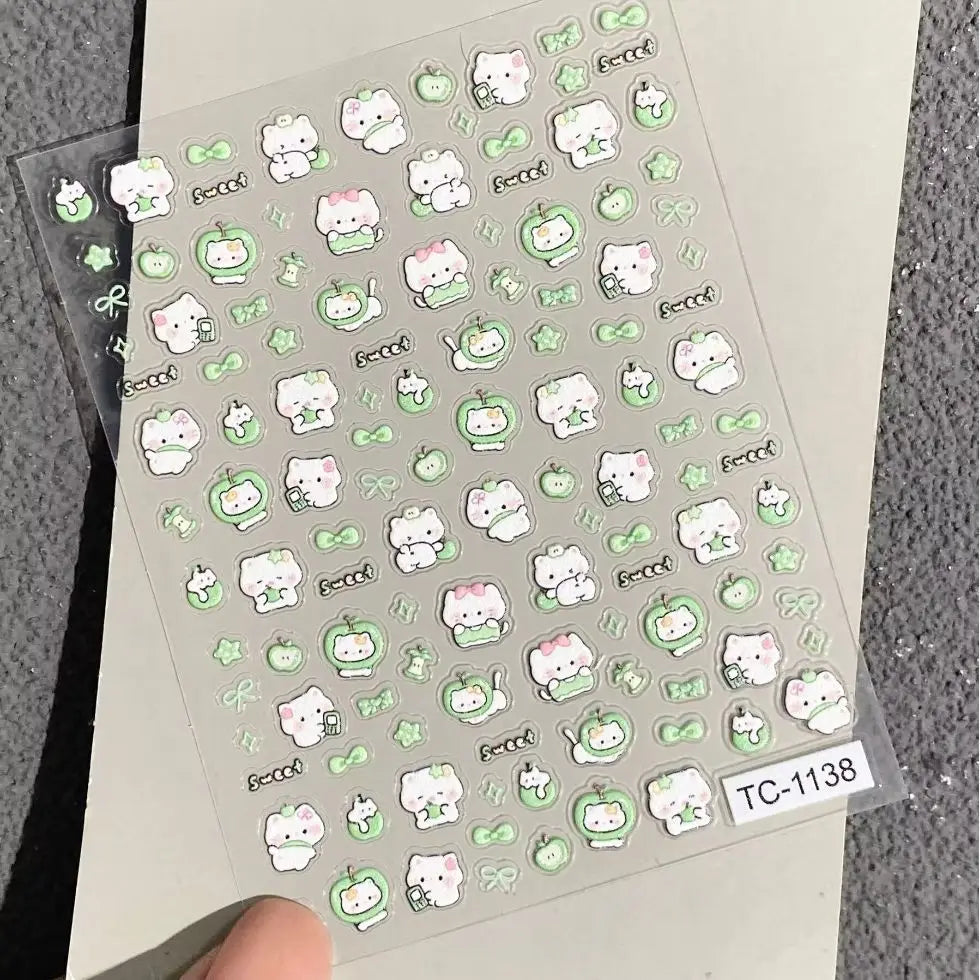 Cute Green Apple Kitten Four-leaf Clover Embossed Stickers for Lighters, Water Cups, Phone Cases DIY Decoration, Nail Stickers