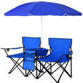 Portable Double Folding Outdoor Chair with Removable Umbrella & Mini Table, Oxford Fabric for Garden Camping
