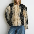 Women Black & Beige Two-Tone Fur Fluffy Cropped Jacket, Open Front Collarless Side Pockets, Winter Warm Casual Street Outerwear