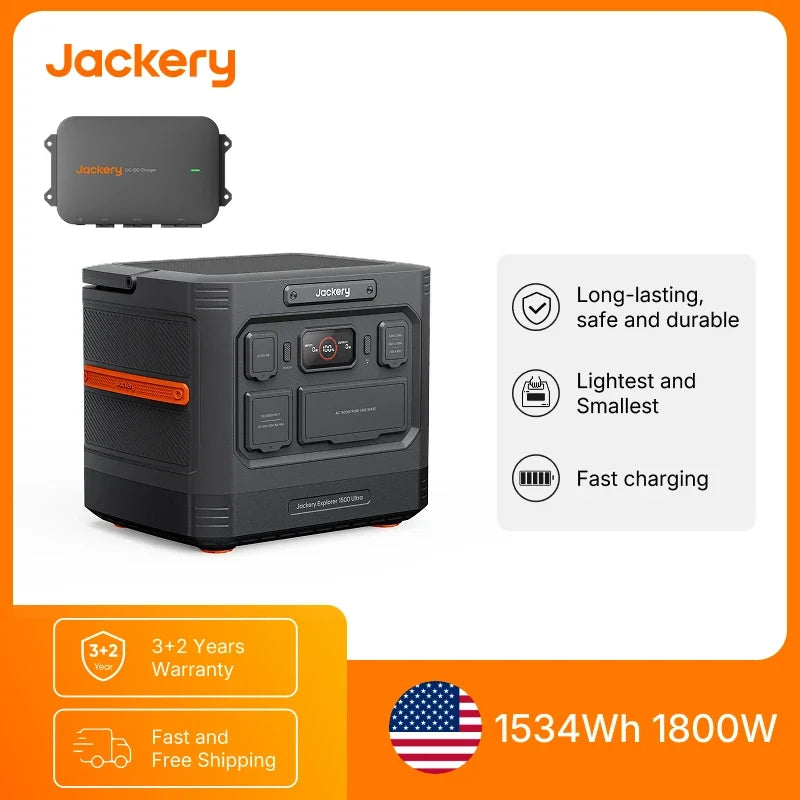 Jackery Explorer 1500 Ultra & Car Fast Charge Cable Set, 1534Wh LiFePO4 1800W IP65 Waterproof Solar Generator for RV Travel