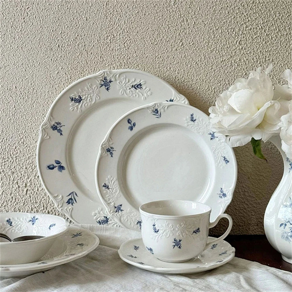 Simple Blue Printing Tableware Kitchen Supplies White Relief Tableware Western Dessert Steak Cake Dim Sum Fruit Dish Set
