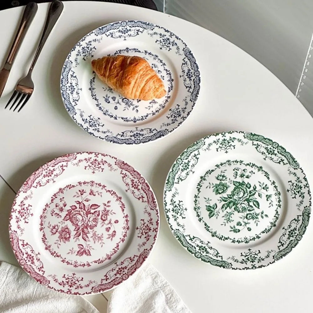Dinner Set Retro Nordic Flower Pattern Disc Round Ceramic Dinner Plate Exquisite Light Luxury Shallow Plate Hotel