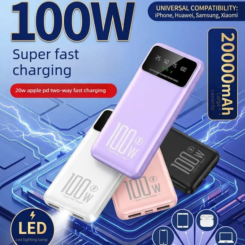 20000mAh Digital Display Power Bank 100W High Speed Fast Charger With LED Light Portable External Battery For All Smart Phones