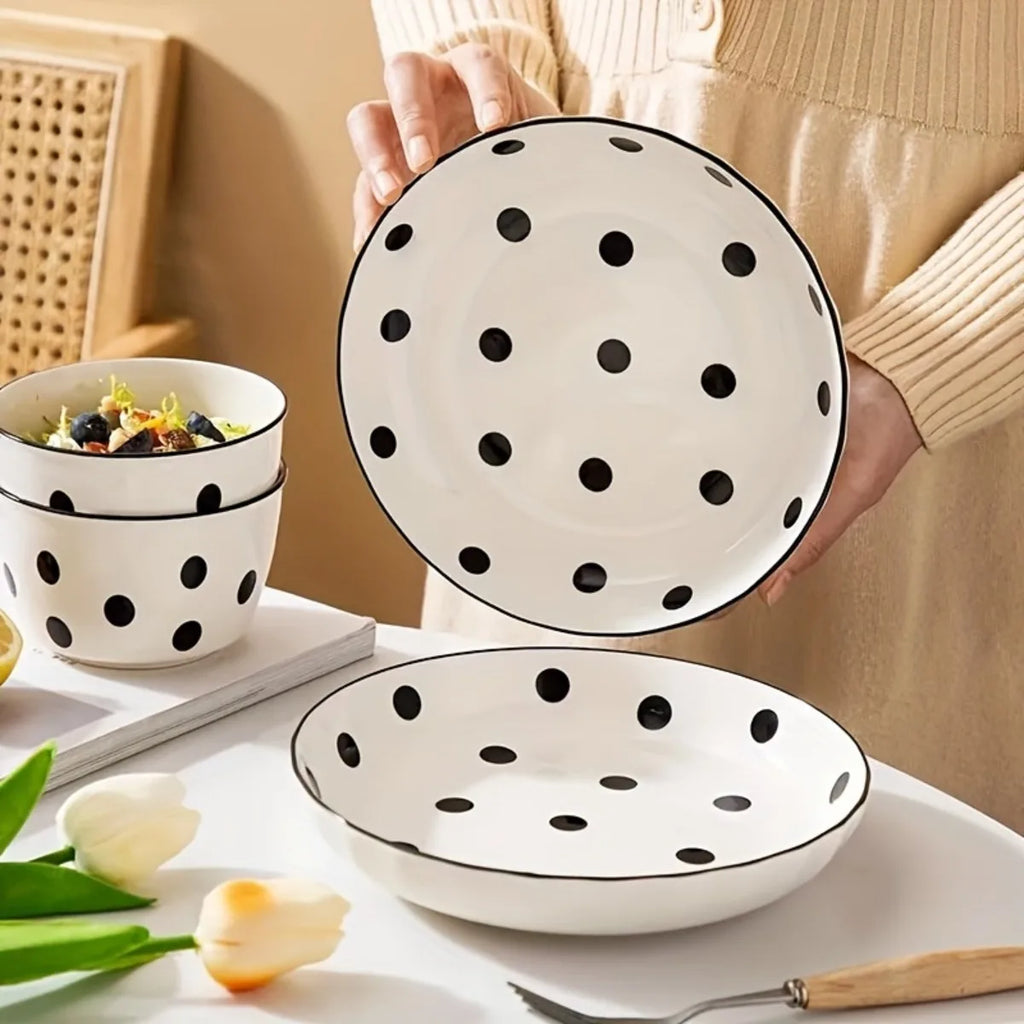 4Pcs Black Polka Dot Ceramic Plates Set,  Microwave Dishwasher Safe for Salad, Pasta, Dessert, Home Kitchen Tableware