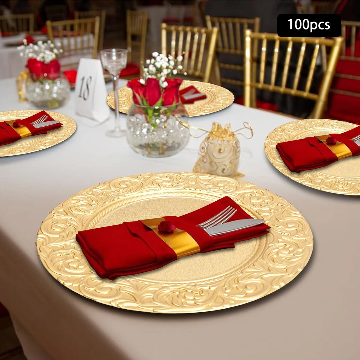 100-Pack Gold Charger Plates – Pp – 13" Embossed Rim – Spray Painted – Stackable – Elegant Wedding Banquet Party Table Decor