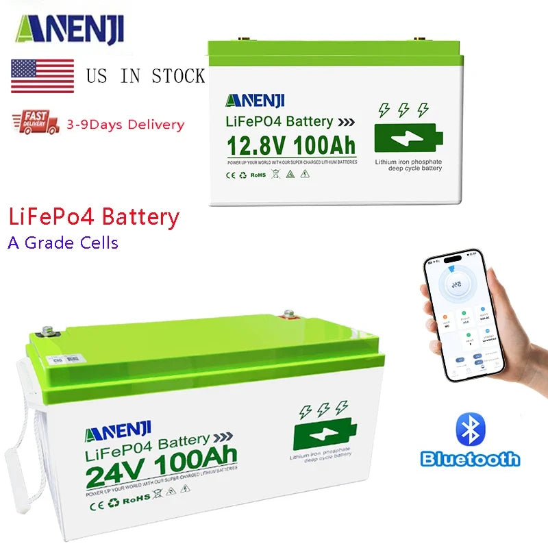ANENJI LiFePo4 Battery 24V 100AH 25.6V 12V 100AH 1.256KWH 2.56KWH Grade A Cells Lithium Iron Phosphate Battery BMS 6000+ Cycle for Golf Cart