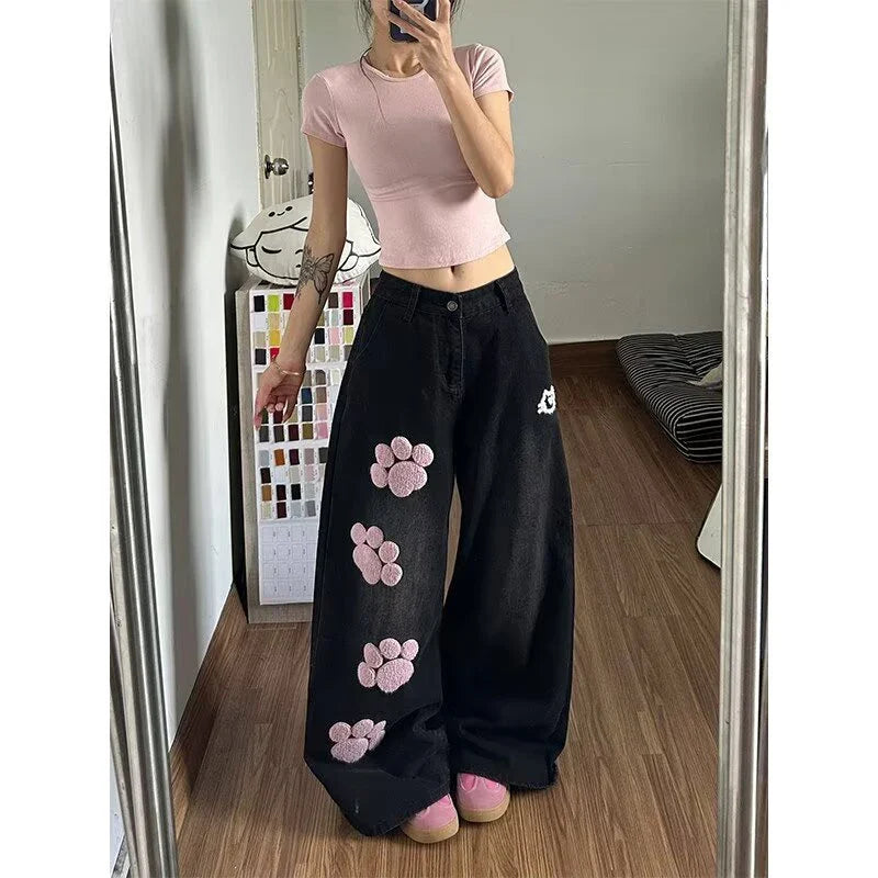 Women Blue Y2k Baggy Embroidery Jeans Aesthetic 2000s Style Boyfriend Jean Pants Vintage Harajuku Oversize Denim Trousers Summer
