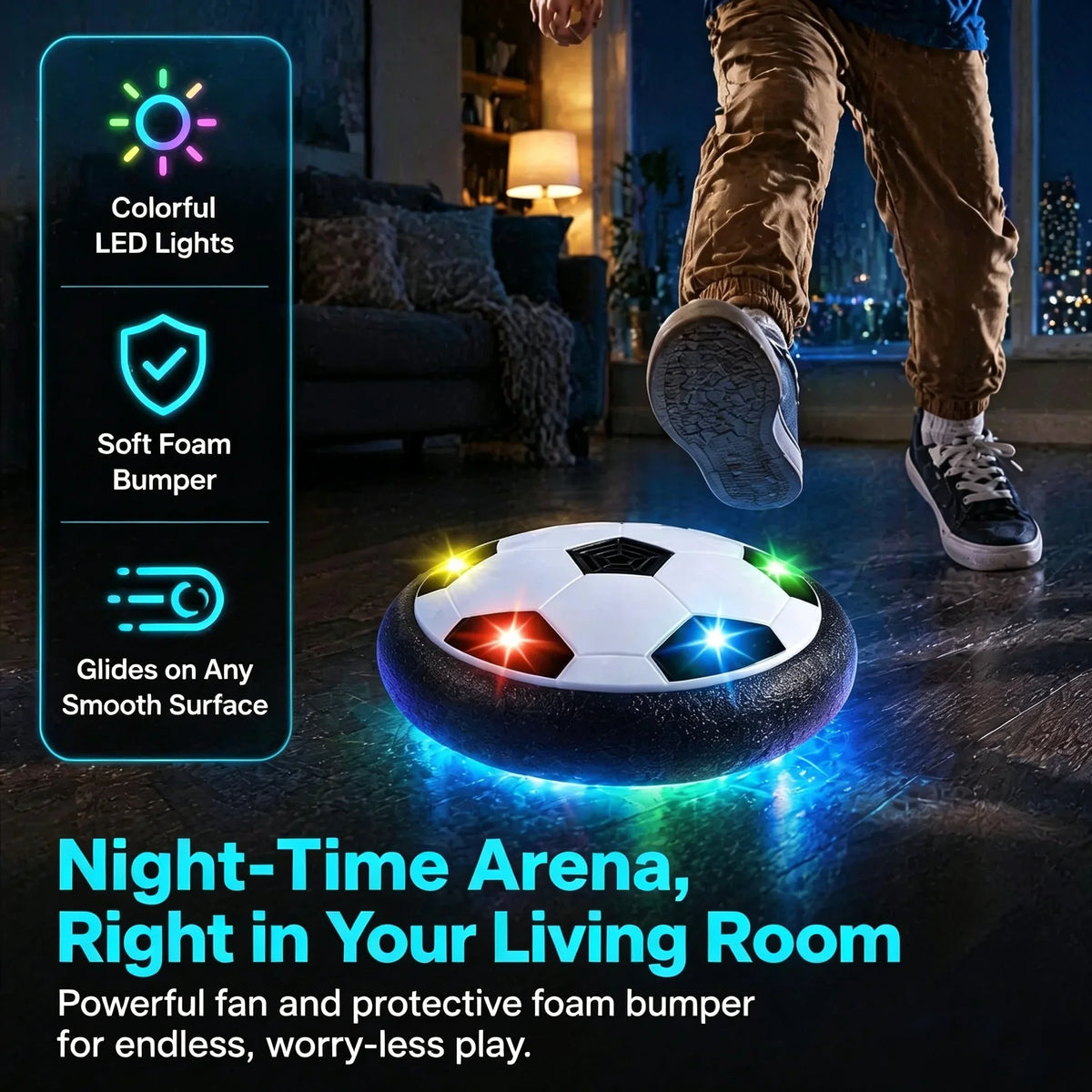 Glow-in-the-Dark Hover Soccer Ball – LED Lights + Powerful Fan + Soft Foam Bumper for Night-Time Indoor/Outdoor Play