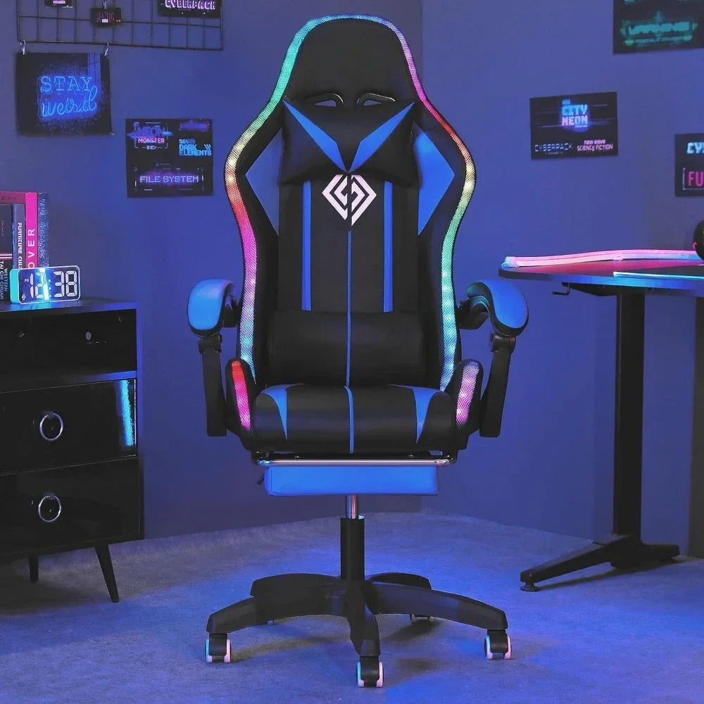 Fashion High Back Video Game Chair with Speakers Massage Computer Gaming Chair with LED Lights and Footrest