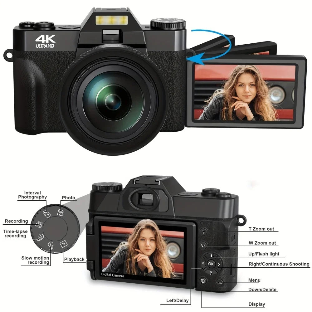 Flip Screen 16X 56MP Digital Camera For Photography Video Recording 4K Vlog Camcorder Youtube Livestreaming Wifi Webcam Selfier