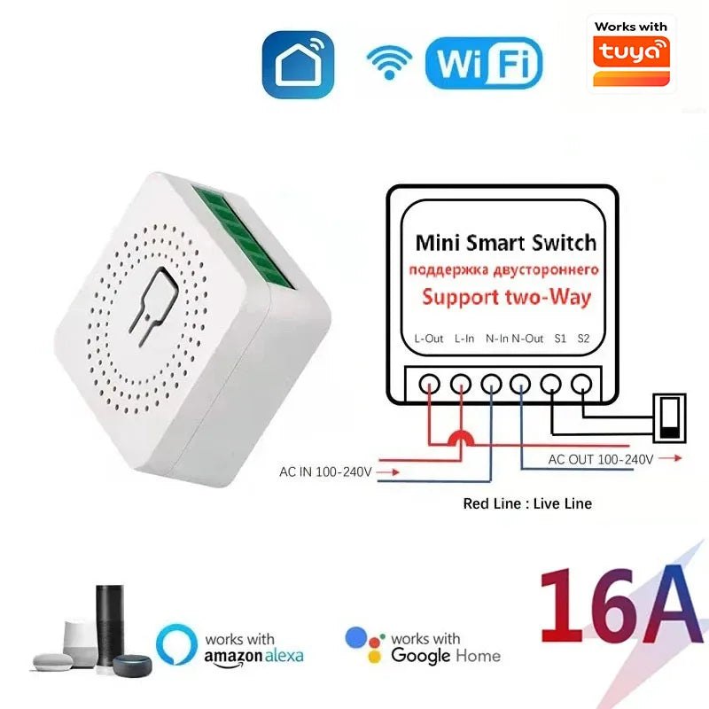 Mini 16A WiFi Switch Works with Tuya Smart Life App 2 Way Control Smart Home Automation Module Interruptor Work for Alexa Google