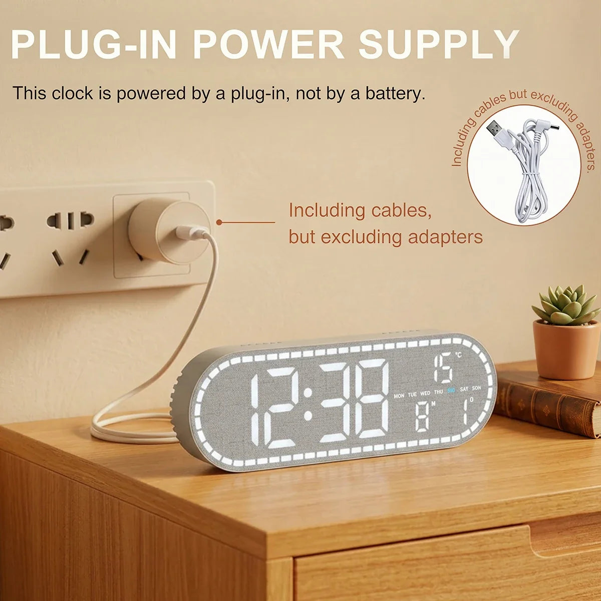 Digital Wall Clock Temperature Date Week Display Brightness Adjustable 12/24H Electronic LED Desk Alarm Clock for Home Decor