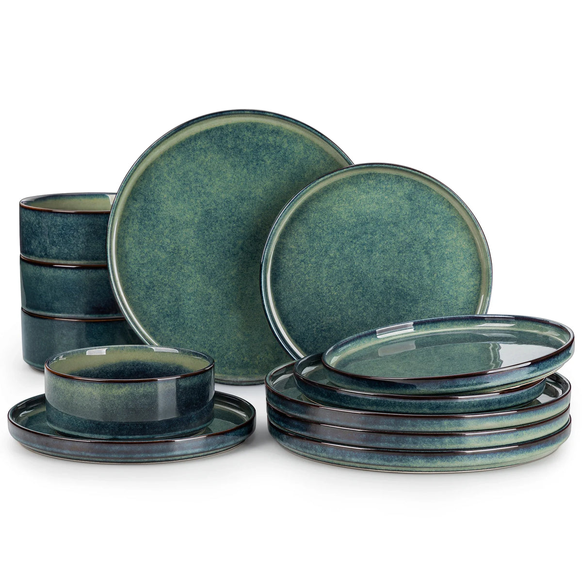 Vancasso 12/24/36 Piece Dinner Set Black Green Reactive Glaze Vertical Edge Dinnerware Set with 4 PCS Dinner Plate/Dessert/Bowl