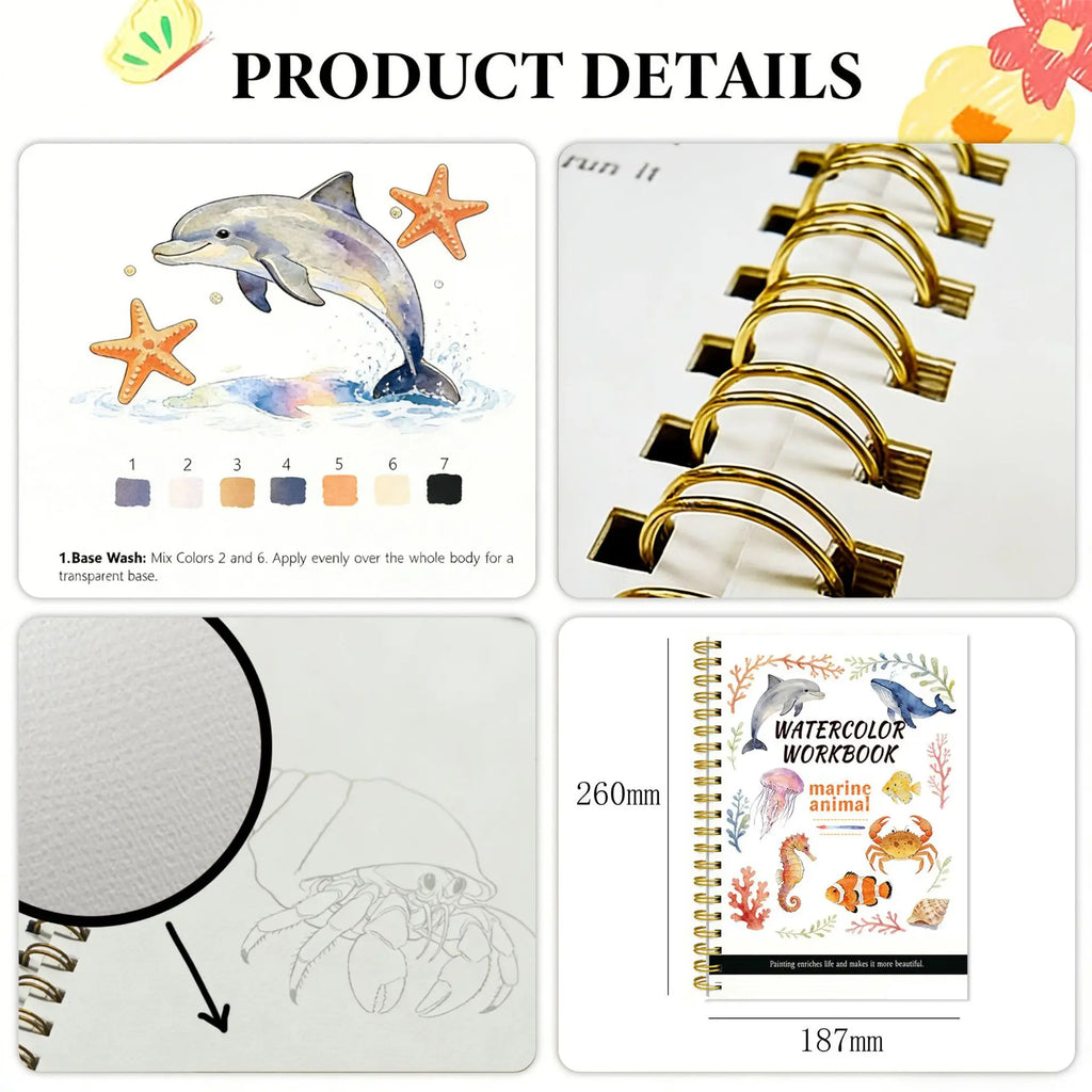 Watercolor Painting Notebook Beginner's Painting Enthusiast's Guide Coil Notebook Thickened Paper Ocean Animal Cover Watercolor