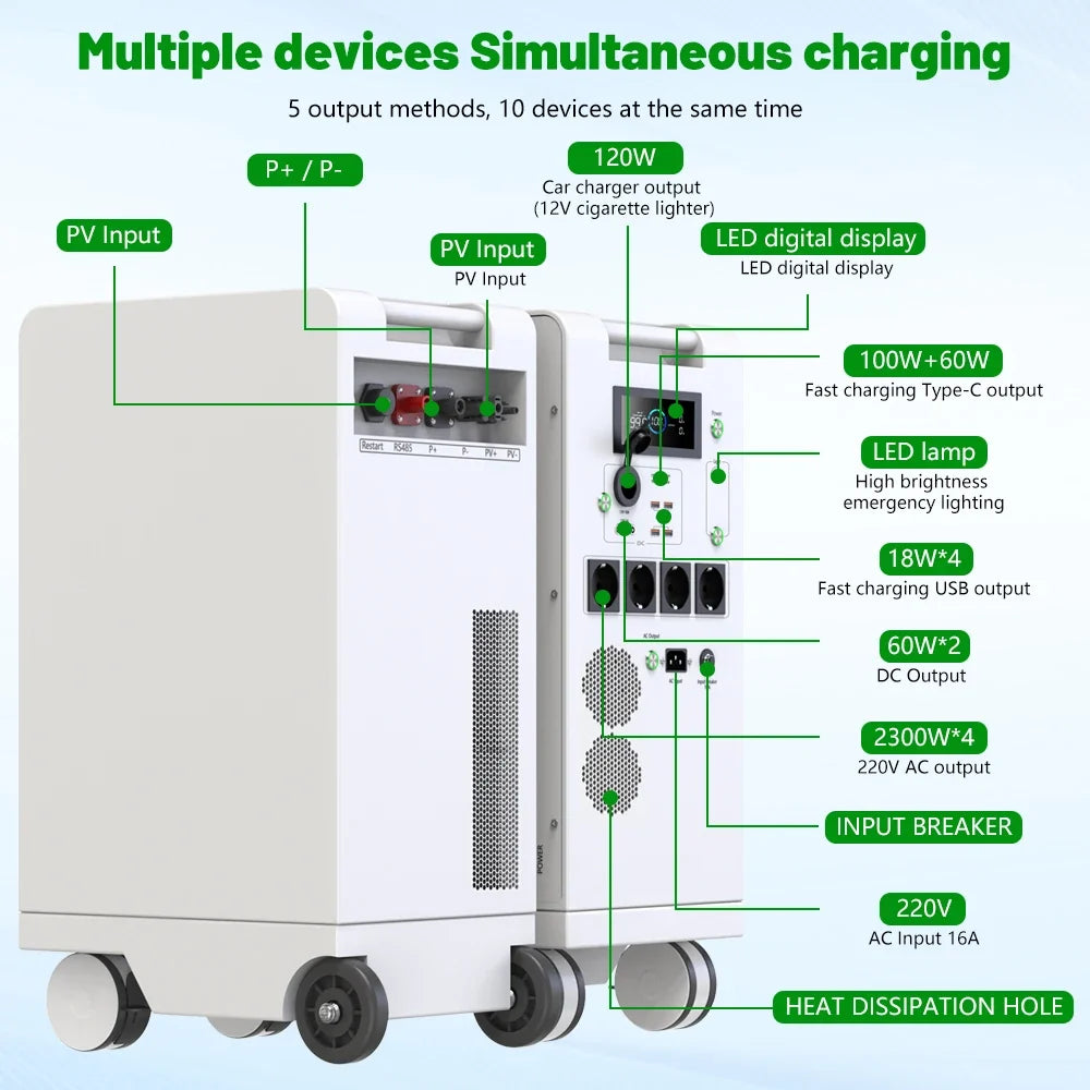 Portable Power Station 5000W LiFePO4 48V 100Ah 5Kwh 6000W MPPT Inverter With Light 18W-USB EU AC Input/Output PV Input EU STOCK