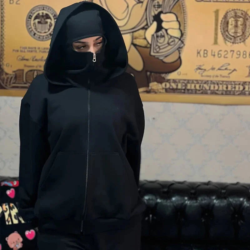 Men's Balaclava Zip Hoodie, Winter Warm Face Mask Hooded Jacket