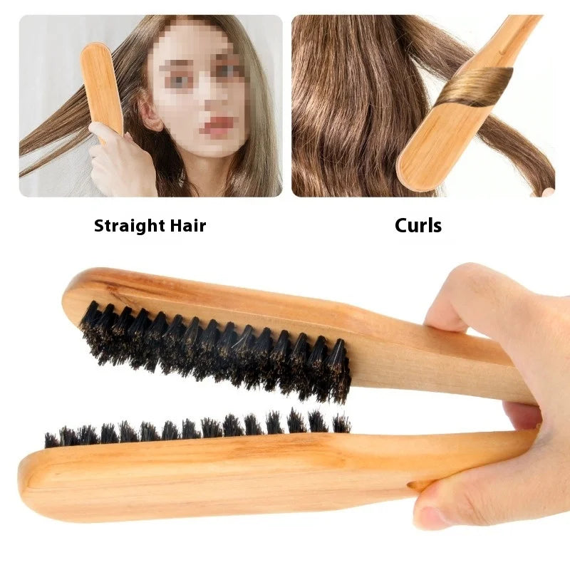 Professional Straight Hair Straightener V-shaped Comb Anti Static Double Brushes Hairdressing Comb Wooden Hair Straightener Tool