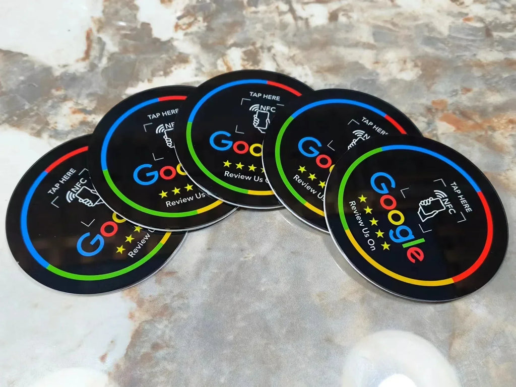 13.56MHz Programmable Acrylicl with Self-adhesive Backing NFC Table Sticker Diameter 10CM Google Reviews NFC Sticker NFC 215