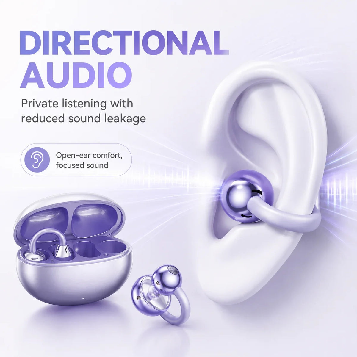 Open Ear Clip Wireless Headphones Bluetooth 5.4 Earphones with Long Battery Life, Sports Gaming Stereo Touch Control LED Mics