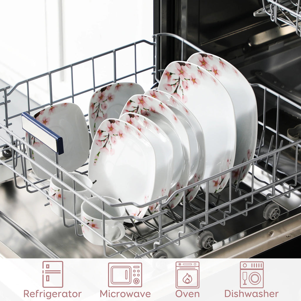 VEWEET ANNIE 30/24/20 Pcs Porcelain Dinnerware Set Pink Floral Plates Dinner Set with Dinner Plate/Dessert/Soup/Cup/Saucer