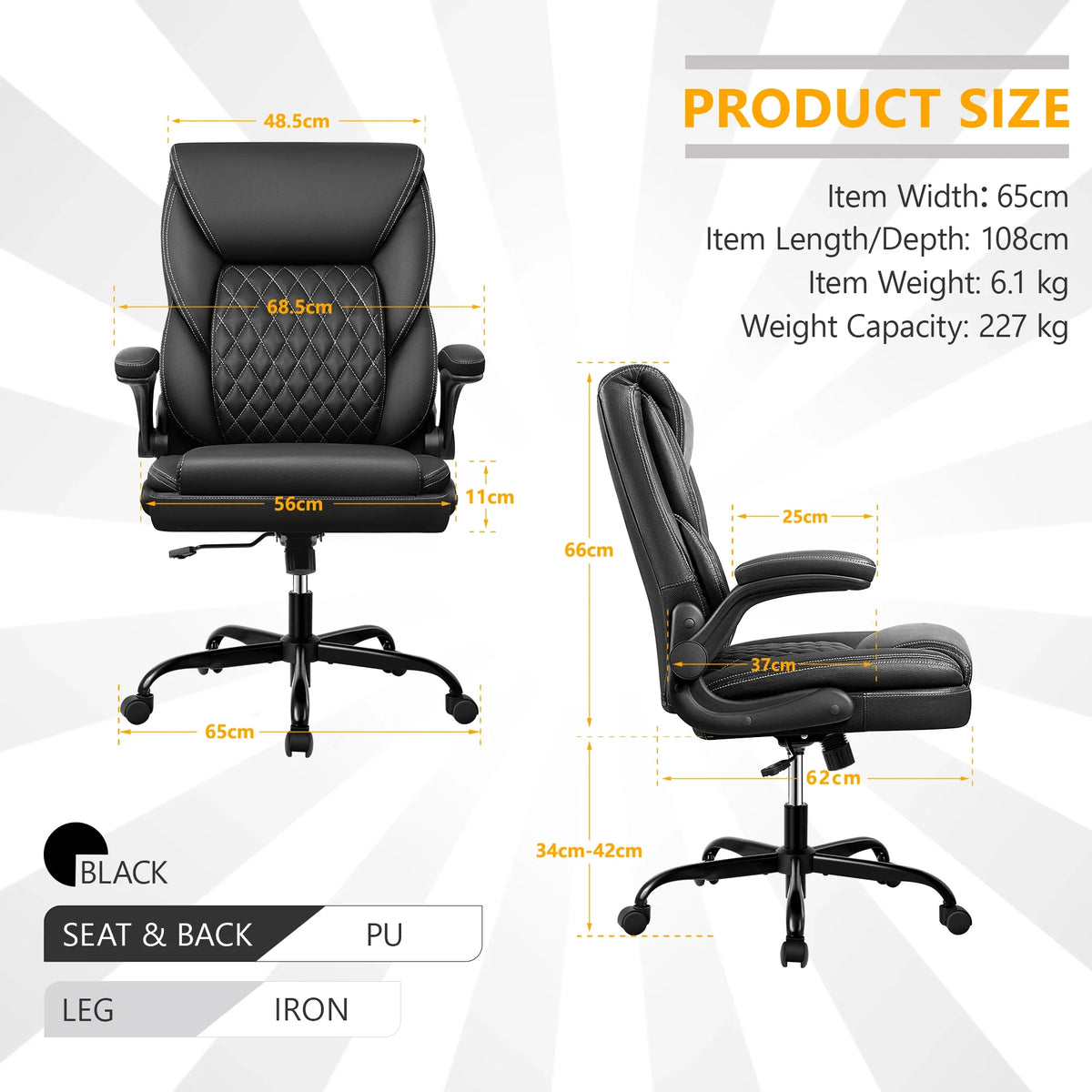 KERDOM Office Desk Chair, Mid Back Executive Leather Chair,Ergonomic Home Computer Chair,Modern Conference Room Chairs with Adjustable Flip-Up Arms and Rocking Function, Black