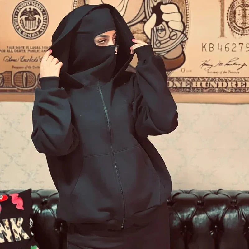 Men's Balaclava Zip Hoodie, Winter Warm Face Mask Hooded Jacket