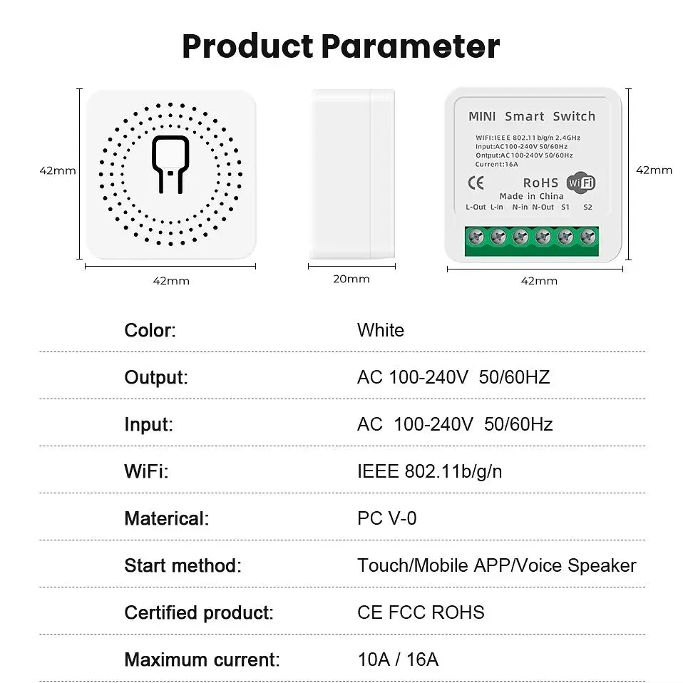 1pc 16A Mini Wifi DIY Light Switches Module 2-way Control Works With Tuya Smart Life APP Alexa Alice Google Home