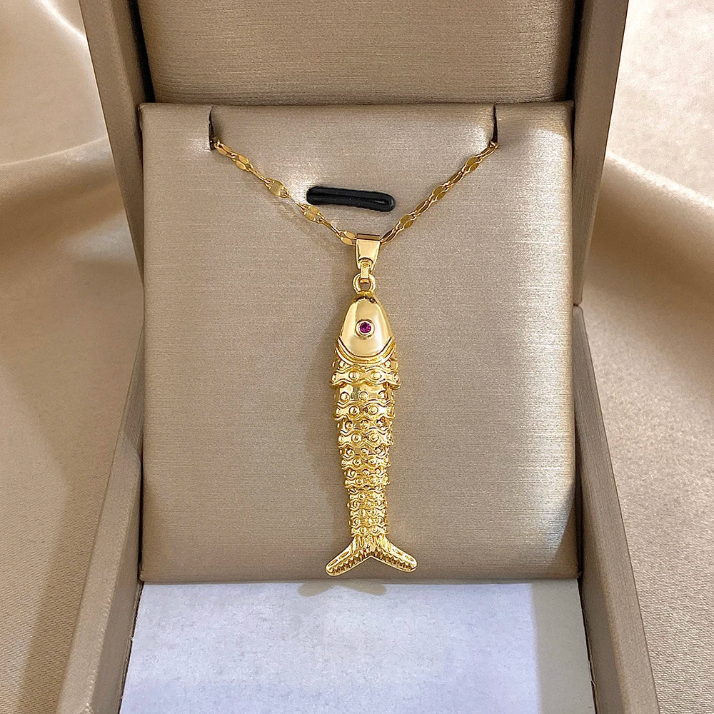18K Gold Plated Stainless Steel Fish Pendant Necklace For Women Creative Ocean Series Clavicle Choker Chain Jewelry Gifts