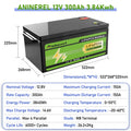 Aninerel 12V 300Ah LiFePO4 Solar Battery 3.84KWh Lithium Battery Pack IP65 waterproof rating Grade A Cells 6000+ Cycle For Home energy storage 12.8V-300AH