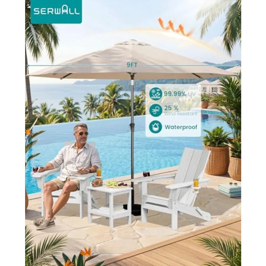 Outdoor folding Adirondack chairs set of 2 with 9-ft umbrella, polywood material, classic white, weather-resistant and space-sa