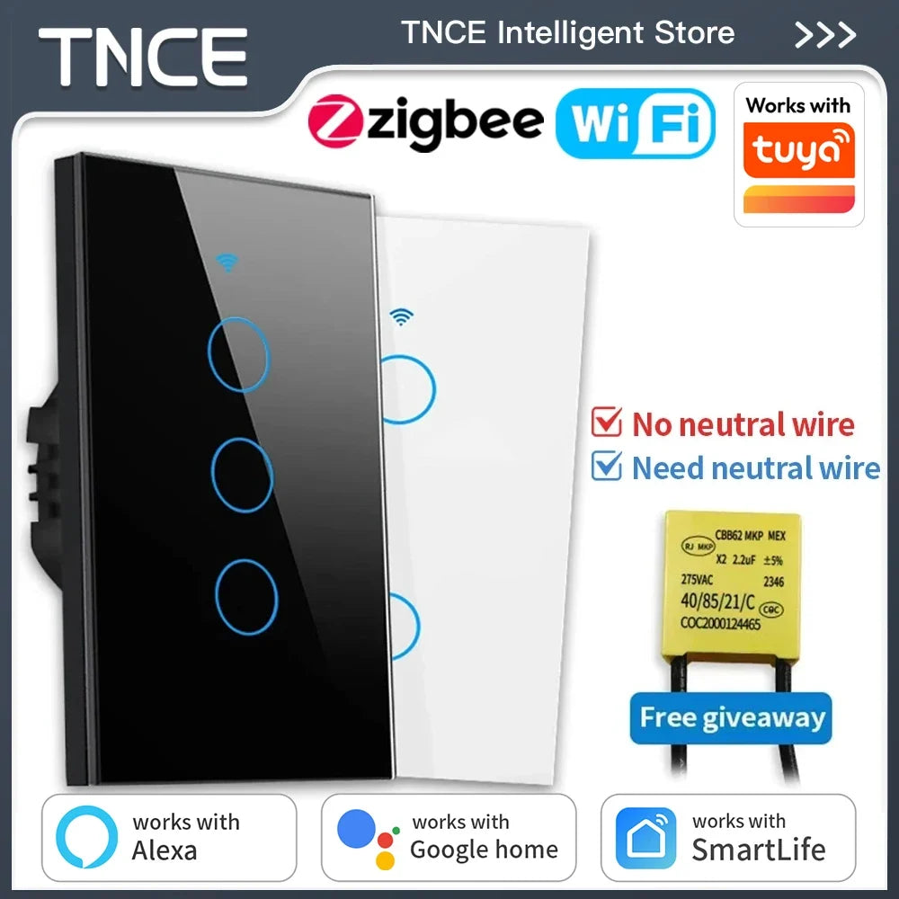 TNCE Tuya US Switch WIFI or Zigbee need/No Neutral Wire Require 1/2/3/4 Gang Smart Touch controller Voice With Alexa Google Home